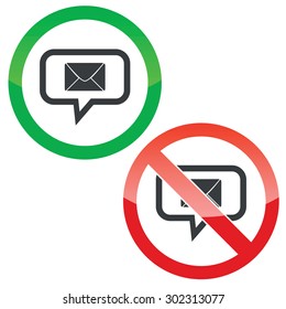 Allowed and forbidden signs with envelope in chat bubble, isolated on white