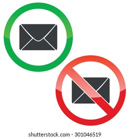 Allowed and forbidden signs with envelope image, isolated on white