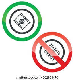 Allowed and forbidden signs with film strip, text 3D in circle, isolated on white