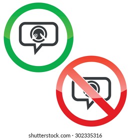 Allowed, forbidden signs with fork, knife on plate in chat bubble, isolated on white