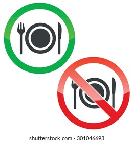 Allowed and forbidden signs with fork, plate and kinfe, isolated on white