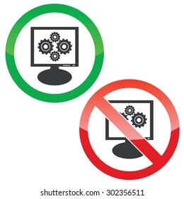 Allowed and forbidden signs with four cogs on monitor, isolated on white