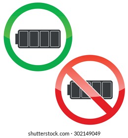 Allowed and forbidden signs with full battery image, isolated on white