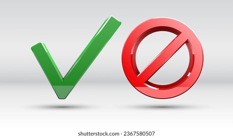 Allowed and forbidden signs with green V and red crossed circle in glossy realistic 3D style. Symbols of approval, rejection, checkmark, yes or no marks