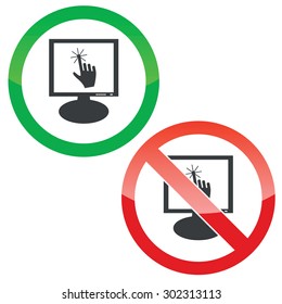 Allowed and forbidden signs with hand on monitor, isolated on white