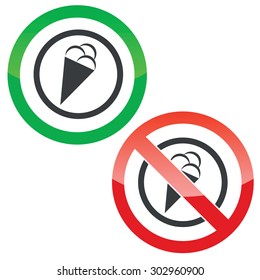 Allowed and forbidden signs with ice cream cone in circle, isolated on white