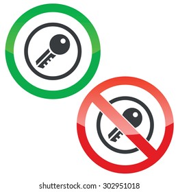 Allowed and forbidden signs with key in circle, isolated on white