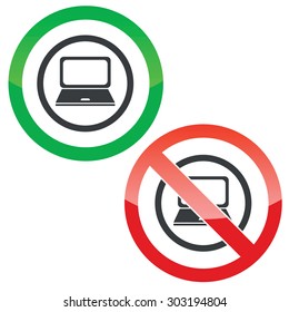 Allowed and forbidden signs with laptop in circle, isolated on white