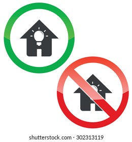 Allowed and forbidden signs with light bulb in house, isolated on white
