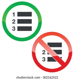 Allowed and forbidden signs with numbered list, isolated on white