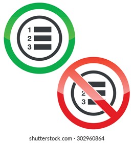 Allowed and forbidden signs with numbered list in circle, isolated on white