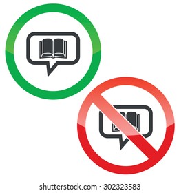 Allowed and forbidden signs with open book in chat bubble, isolated on white