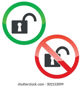 Allowed and forbidden signs with open padlock image, isolated on white