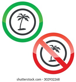 Allowed and forbidden signs with palm on beach in circle, isolated on white