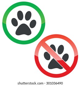 Allowed and forbidden signs with paw print, isolated on white