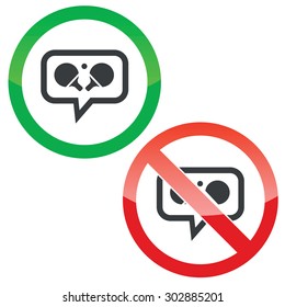 Allowed and forbidden signs with ping pong rackets in chat bubble, isolated on white