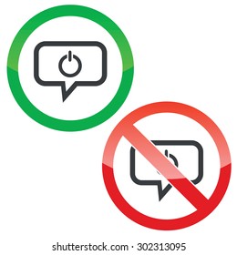 Allowed and forbidden signs with power symbol in chat bubble, isolated on white