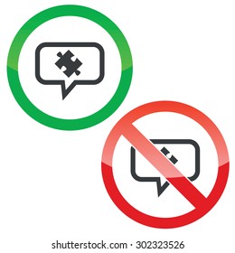 Allowed and forbidden signs with puzzle piece in chat bubble, isolated on white