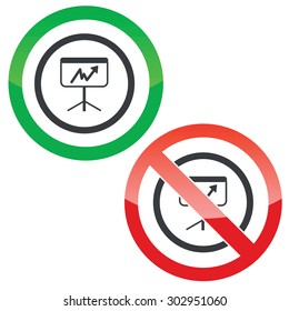 Allowed and forbidden signs with rising graphic on screen in circle, isolated on white