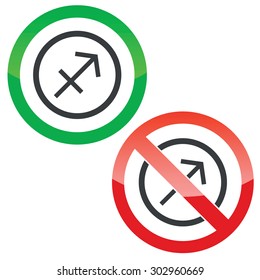 Allowed and forbidden signs with Sagittarius zodiac symbol in circle, isolated on white