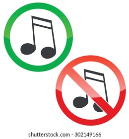 Allowed and forbidden signs with sixteenth note image, isolated on white