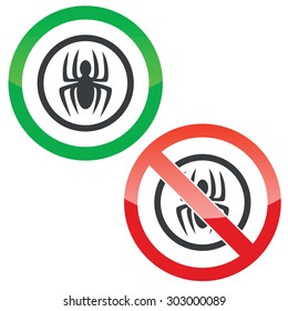 Allowed and forbidden signs with spider in circle, isolated on white