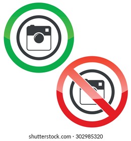 Allowed and forbidden signs with square camera in circle, isolated on white