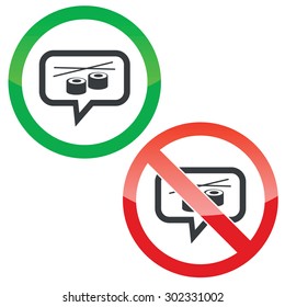 Allowed and forbidden signs with sushi rolls in chat bubble, isolated on white