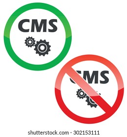 Allowed and forbidden signs with text CMS and gears image, isolated on white