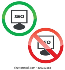 Allowed and forbidden signs with text SEO on monitor, isolated on white