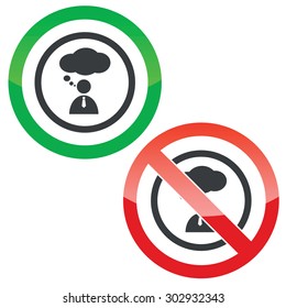 Allowed and forbidden signs with thinking person in circle, isolated on white