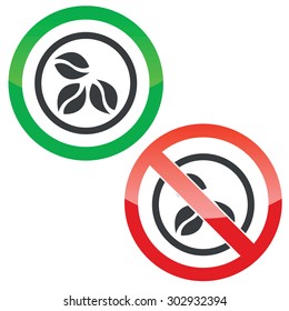 Allowed and forbidden signs with three coffee beans in circle, isolated on white