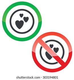 Allowed and forbidden signs with three hearts in circle, isolated on white