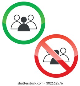 Allowed and forbidden signs with three user icons, one painted, isolated on white