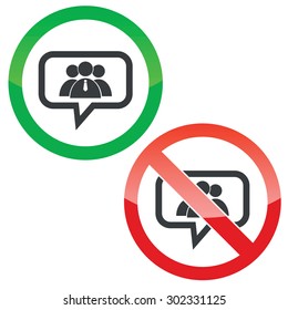 Allowed and forbidden signs with three user icons in chat bubble, isolated on white
