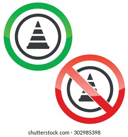 Allowed and forbidden signs with traffic cone in circle, isolated on white