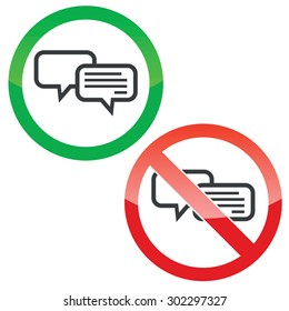 Allowed and forbidden signs with two chat bubbles, one with text, isolated on white