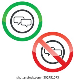 Allowed and forbidden signs with two chat bubbles in circle, isolated on white