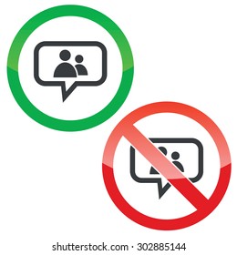 Allowed and forbidden signs with two user icons in chat bubble, isolated on white