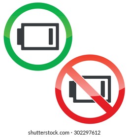 Allowed and forbidden signs with very low battery, isolated on white