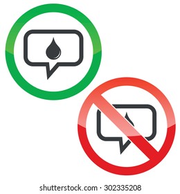 Allowed and forbidden signs with water drop in chat bubble, isolated on white