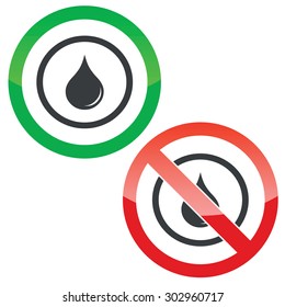 Allowed and forbidden signs with water drop in circle, isolated on white