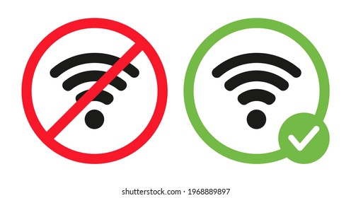 Allowed and forbidden wifi signs vector flat illustration. Wireless network symbols. Good or bad connection. Wi-fi icons in crossed out red circle, in green circle. Internet permit and forbidden.