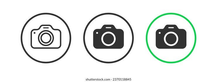 Allowed photo icon. Available camera symbol. Take photography signs. Photography symbols. Can recording icons. Black, green color. Vector isolated sign.