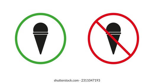 Zulässig und verboten Eintrag mit Eis Cream Rule Silhouette Icons Set. Essen Sie die Lebensmittelzone Rot und Green Warning Symbol. Informationsunterschrift. Einzelne Vektorgrafik.