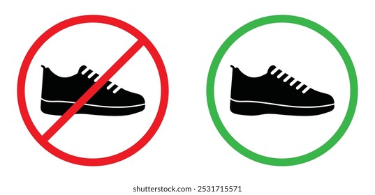 Zugelassene und verbotene Schuhe Symbol rot und grüner Kreis einzeln. Symbol für verbotene Schuhe. Symbol für Turnschuhe. Vektorgrafik.