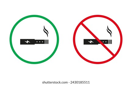 Pictograma de zona de humo permitida y prohibida. Zona de fumadores Señales rojas y verdes. Tabaco para fumar, cigarrillo de nicotina, conjunto de iconos de silueta de vapeo. Ilustración vectorial aislada.