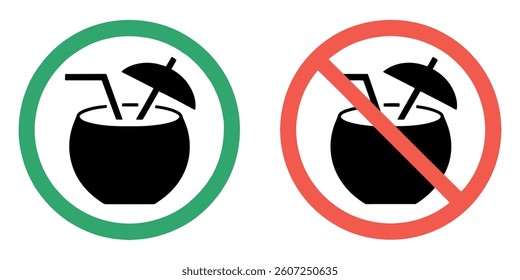 Allowed and Prohibited Zone for Drinking Alcohol. Beach Bar, Summer Coconut Cocktail with Umbrella and Straw Silhouette Icons Set.