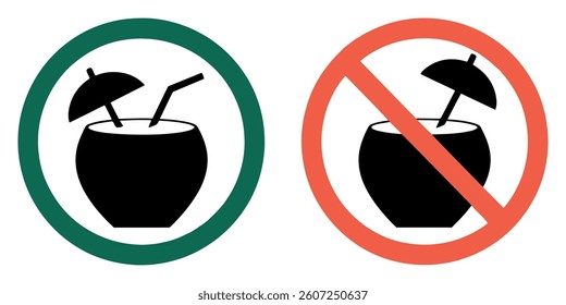 Allowed and Prohibited Zone for Drinking Alcohol. Beach Bar, Summer Coconut Cocktail with Umbrella and Straw Silhouette Icons Set.