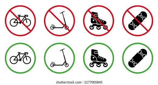 Allowed Zone for Push Transport Sign Set. Forbid Roller Skate Board Kick Scooter Black Bicycle Silhouette Icon. Attention Prohibit Danger Area Wheel Transport Pictogram. Isolated Vector Illustration.